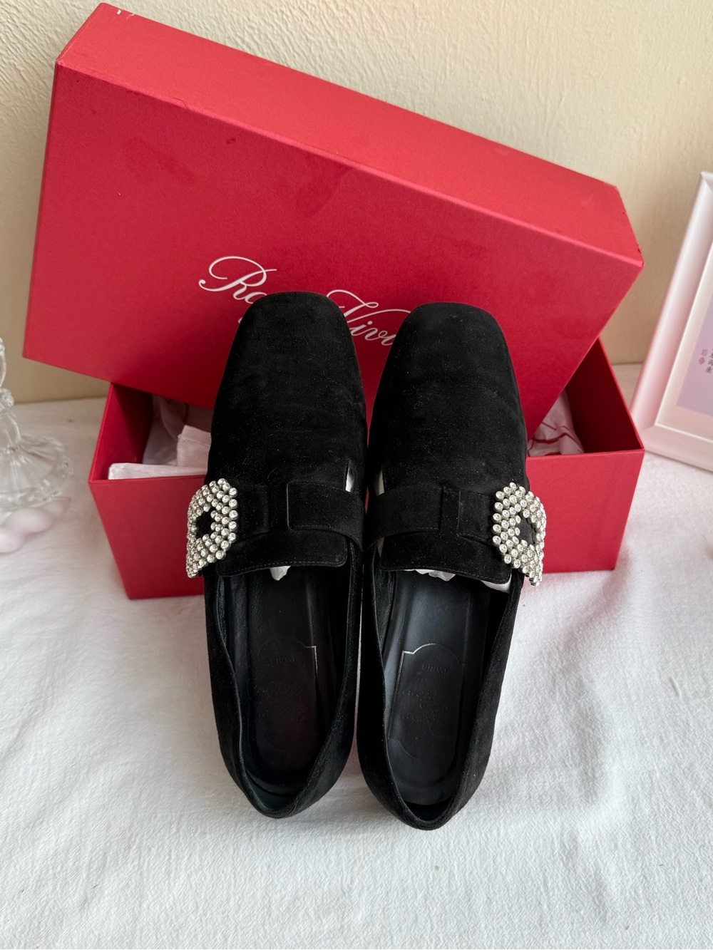 Roger Vivier Black Suede Loafers with Crystal Buckle